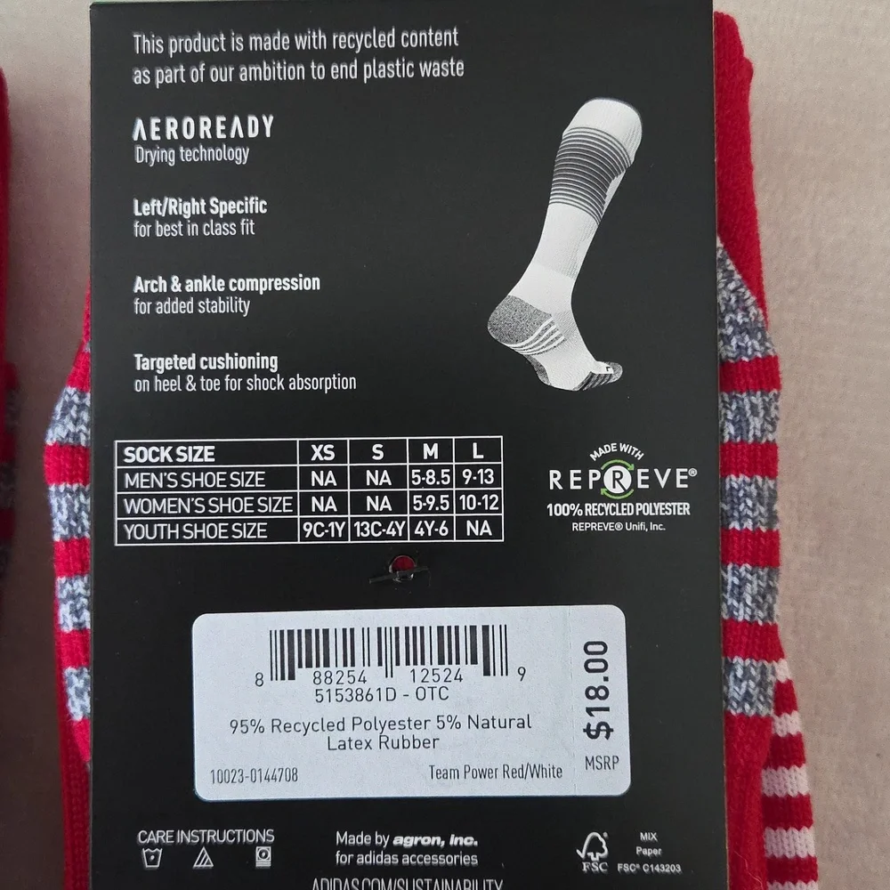 BNWT Two Pairs of Adidas Red and White Soccer Team Speed Socks. Size L - Picture 4 of 4